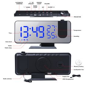 FM Radio LED Digital Smart Alarm Clock Watch Table Electronic Desktop Clocks USB Wake Up Clock with 180° Time Projection Snooze (Color: Black-Blue, Ships From: China)