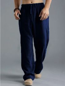 Men's Loose Casual Pants Linen Breathable Sports Trousers (Option: Dark Blue-M)